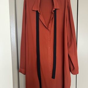 Rust Orange Button-Front Shirt Dress with Black Neck Ties